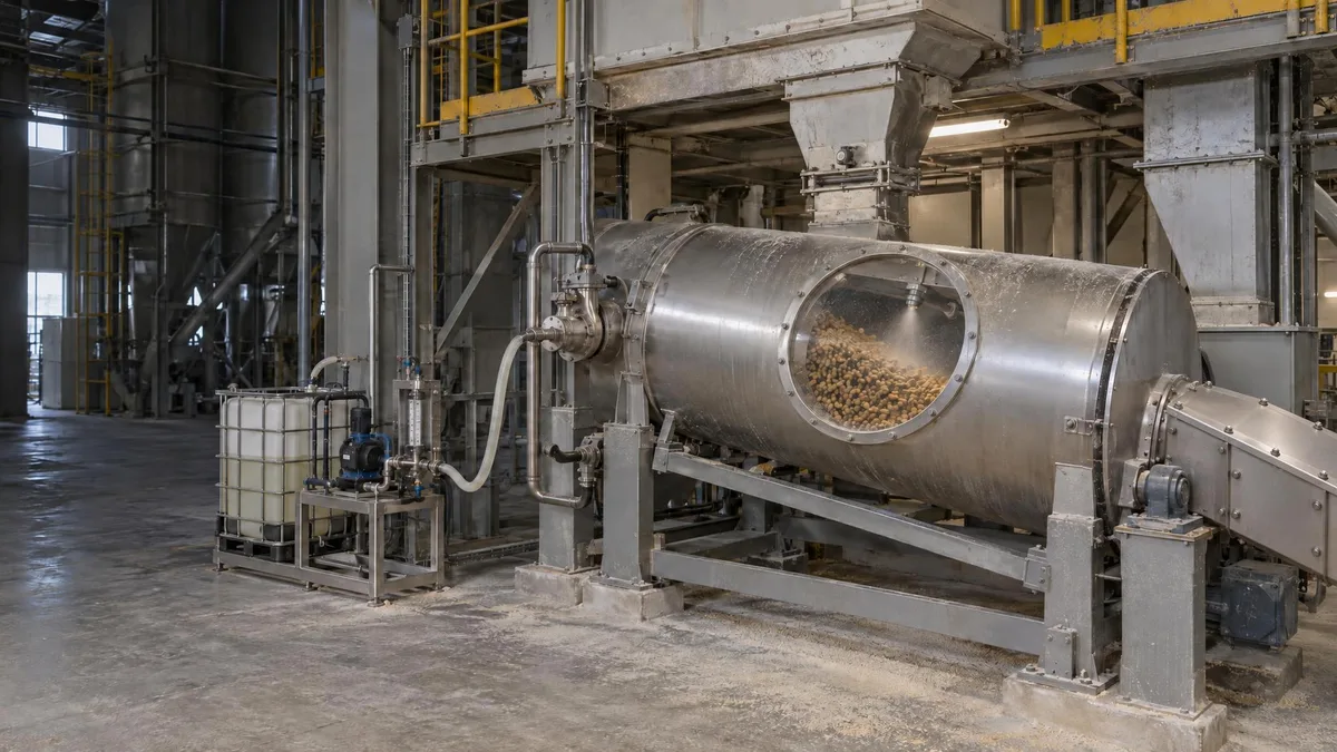 Recubridora de acero inoxidable bajo el enfriador de pellets, con su contenedor y su bomba dosificadora: por la ventanilla, una boquilla pulveriza el líquido sobre los pellets, el principio de la aplicación pospeletizado