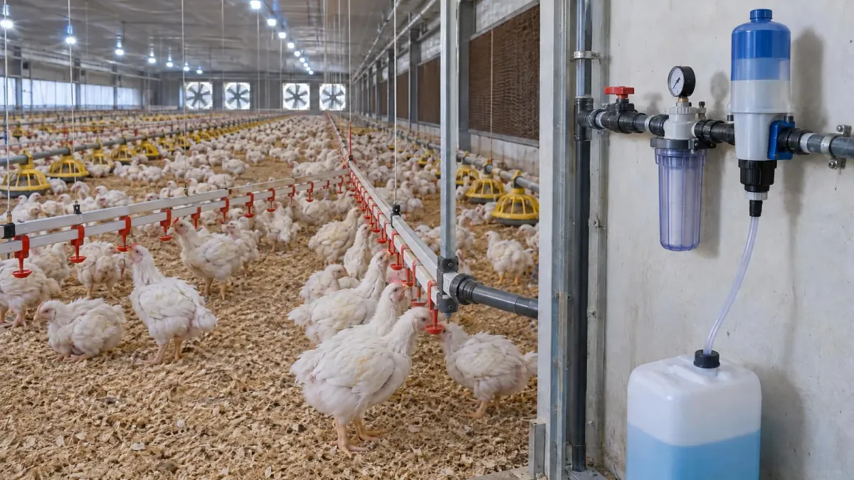 Bomba dosificadora proporcional y bidón al inicio de una línea de bebederos de niple, pollos de engorde en el galpón