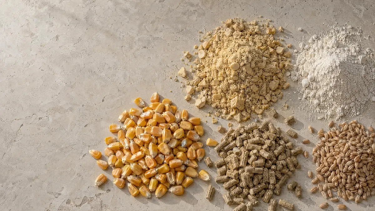 Materias primas para alimento vistas desde arriba: maíz, harina de oleaginosas, polvo mineral, pellets y trigo
