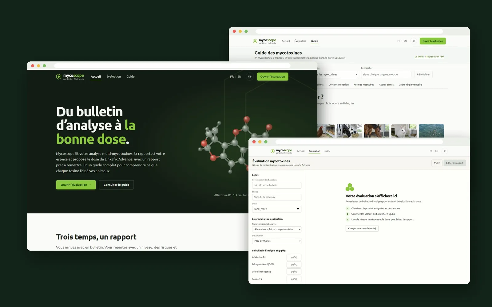 ตัวอย่างหน้าจอ Mycoscope: หน้าแรก การประเมินสารพิษจากเชื้อรา และคู่มือสารพิษจากเชื้อรา