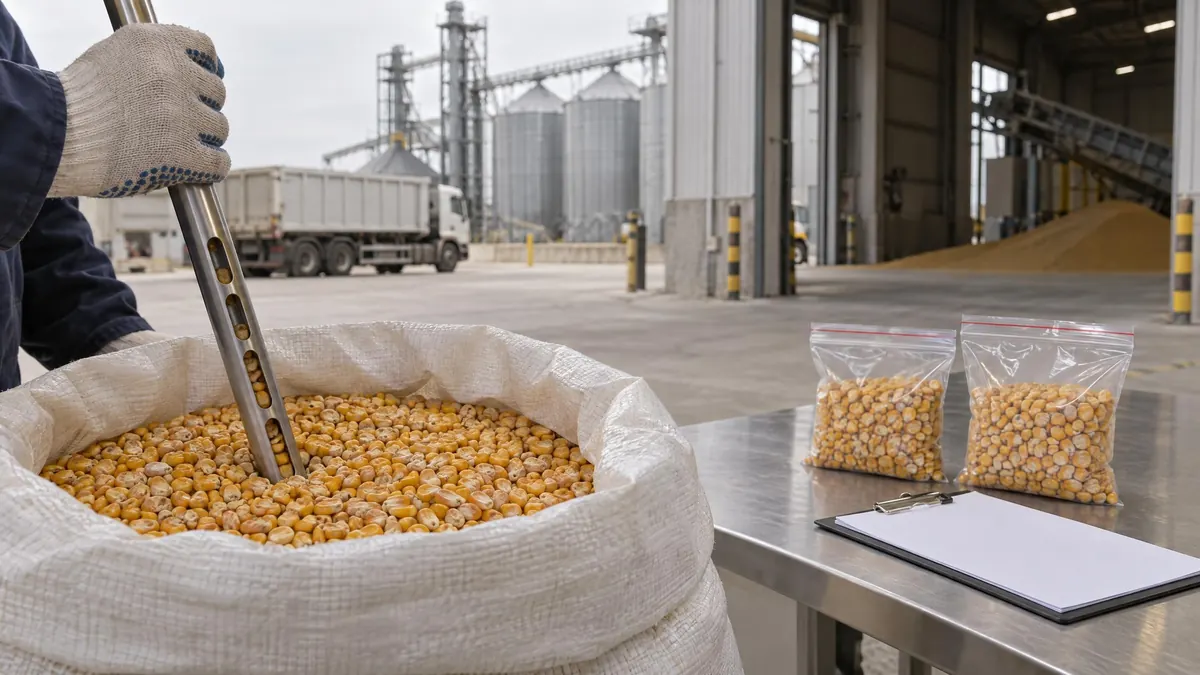 Muestreo con sonda de un saco de maíz en la recepción de una fábrica de alimento