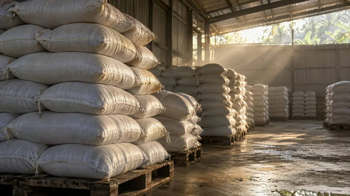 Sacos de alimento sobre palés en un almacén con tiempo húmedo