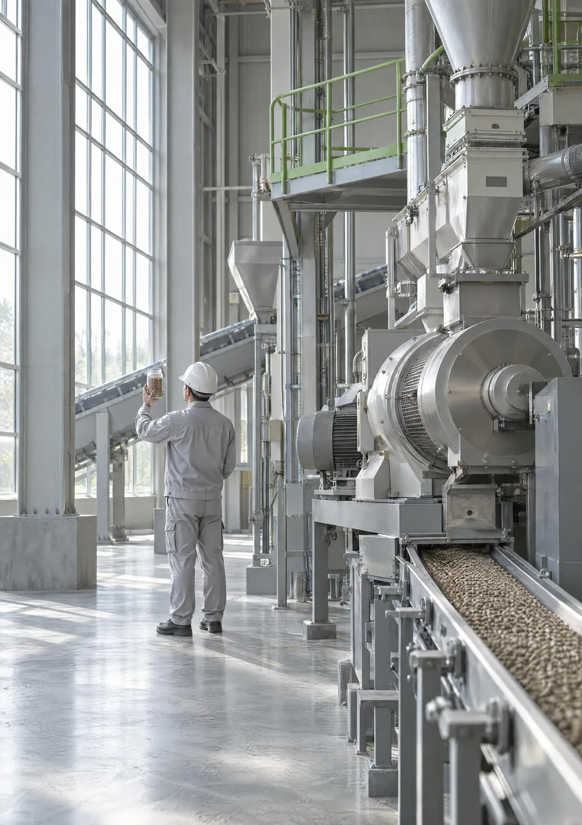 Interior de una fábrica de alimento, la línea de granulación