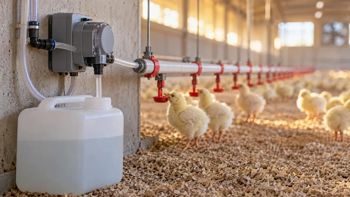 Pollitos bajo una línea de agua equipada con un dosificador