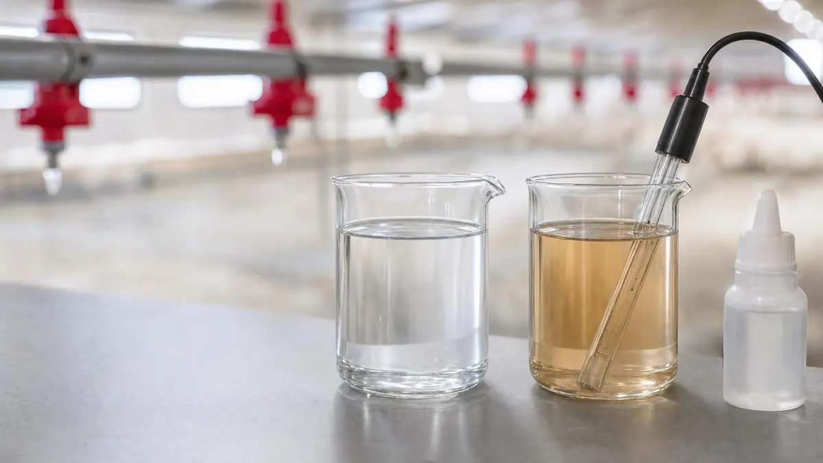 Deux béchers sur une paillasse, l’un d’eau claire, l’autre d’eau teintée où plonge une sonde de pH, devant les lignes de pipettes d’un bâtiment avicole